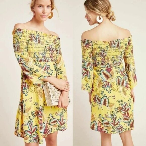 Farm Rio x Anthropologie Bria Smocked Mini Dress XS Yellow Floral Lined EUC - Picture 1 of 15